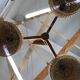 1970s Czechoslovakian rattan & pine pendant light, three-shade chandelier