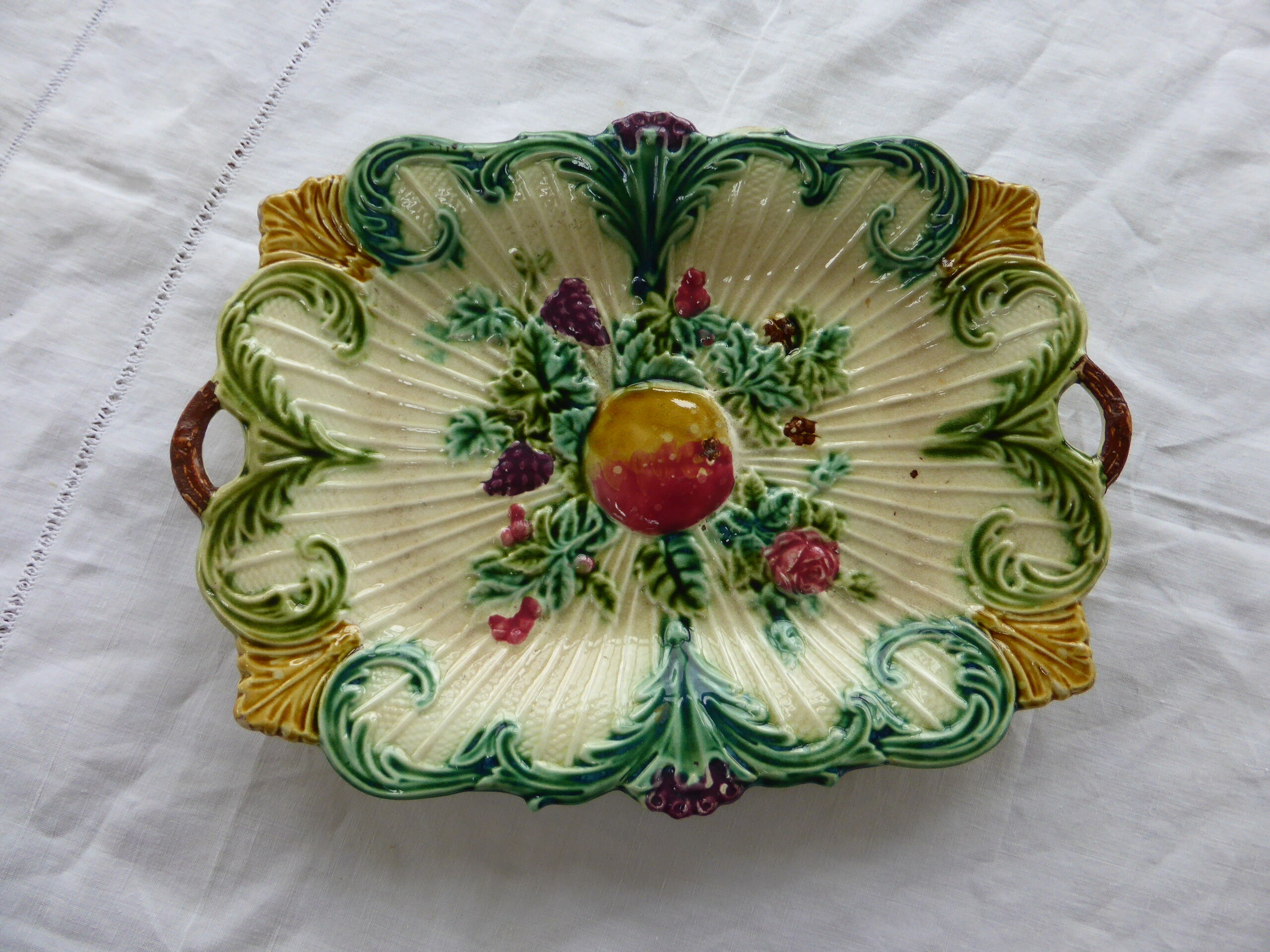 Fruit cut, dish in rectanguary shape, fruits and flowers, art deco