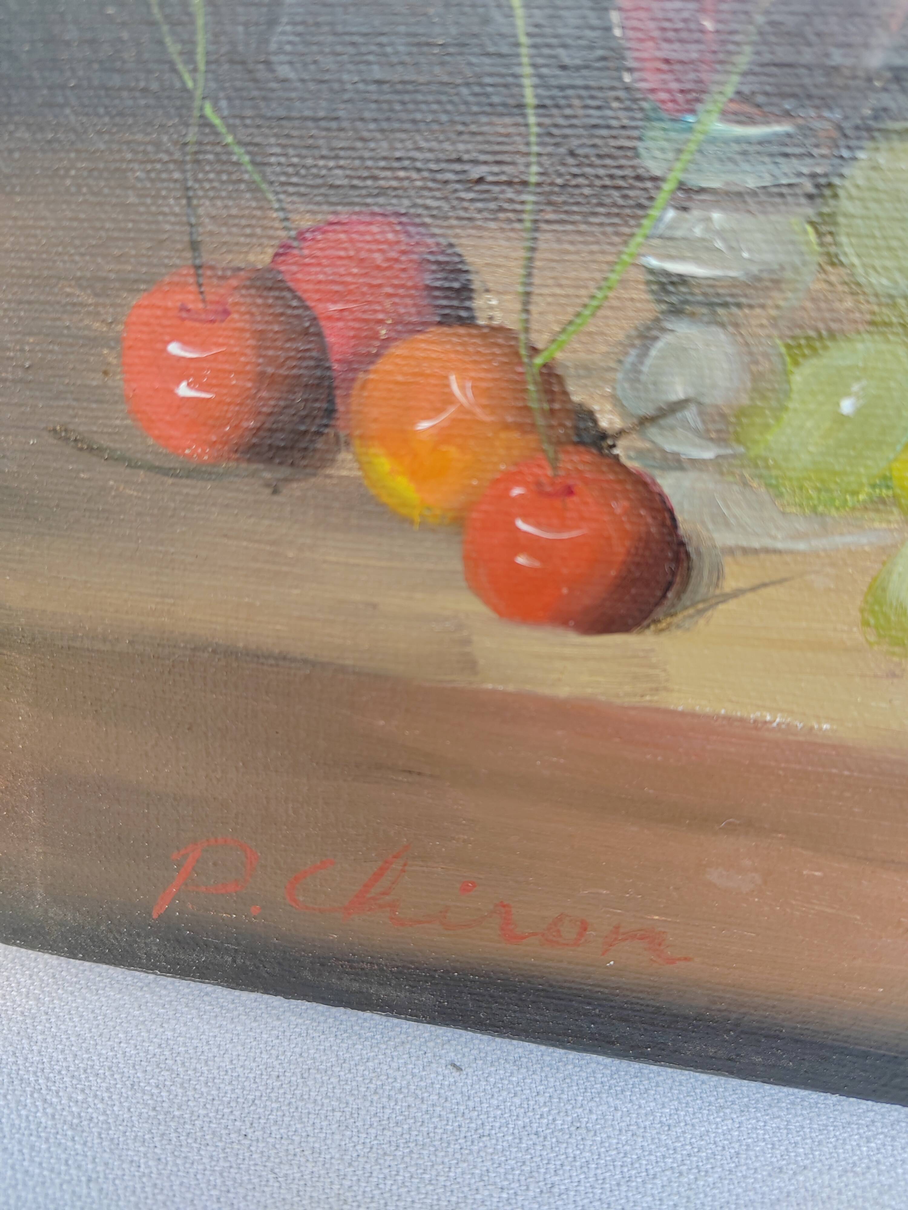 Small painting signed still life "Grapes and wine"