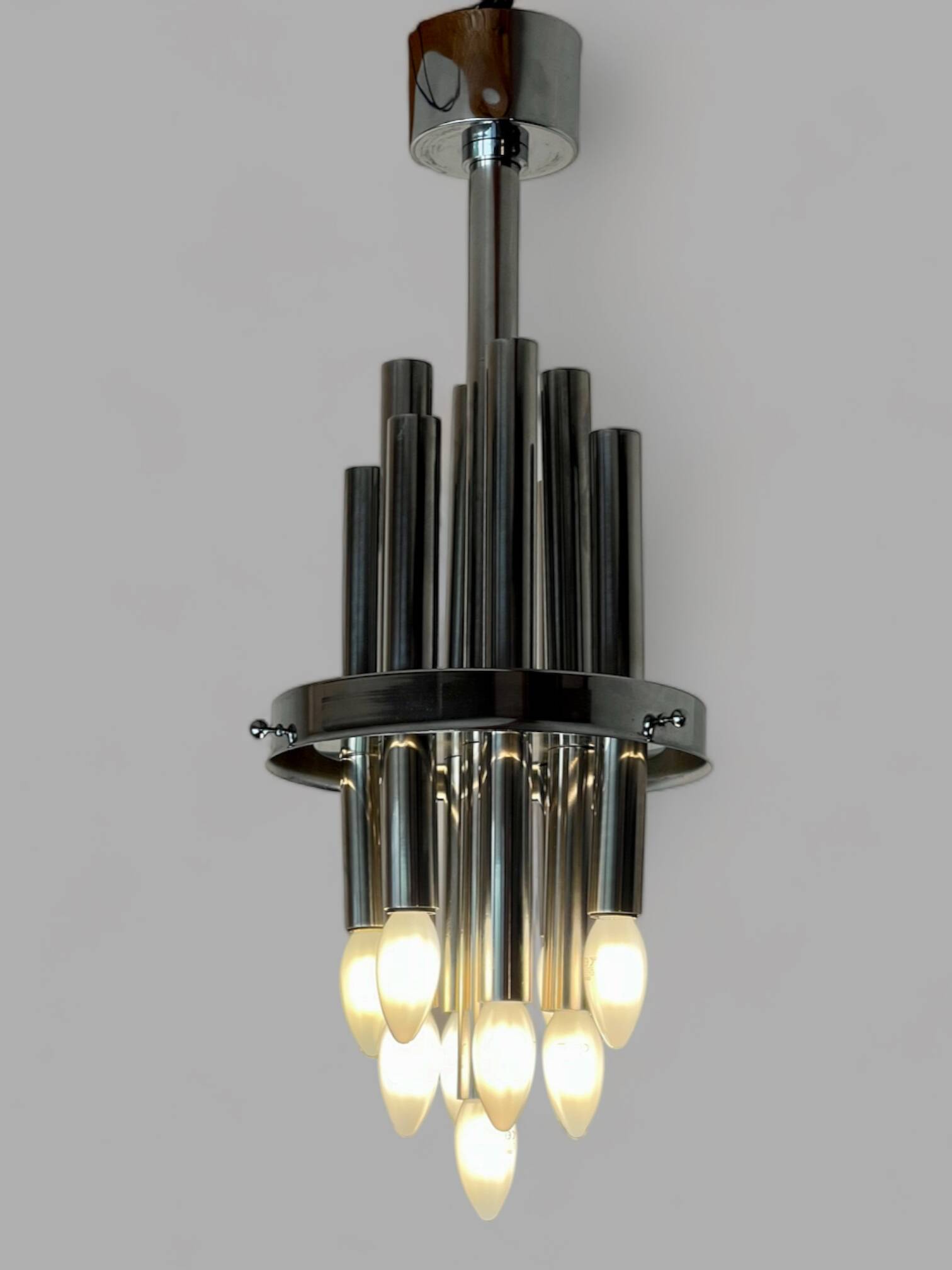 Very large Mazzega pendant light in chrome organ and Murano glass