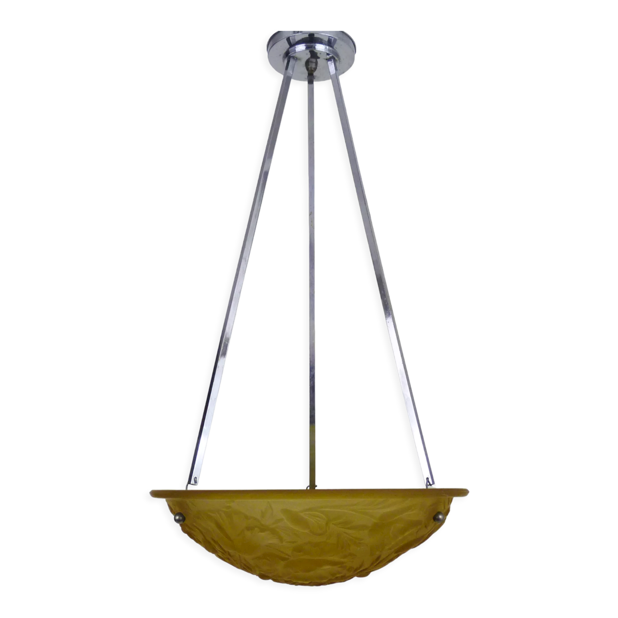 Ancien lustre, suspension vasque art déco 1 feu, en pâte de verre jaune