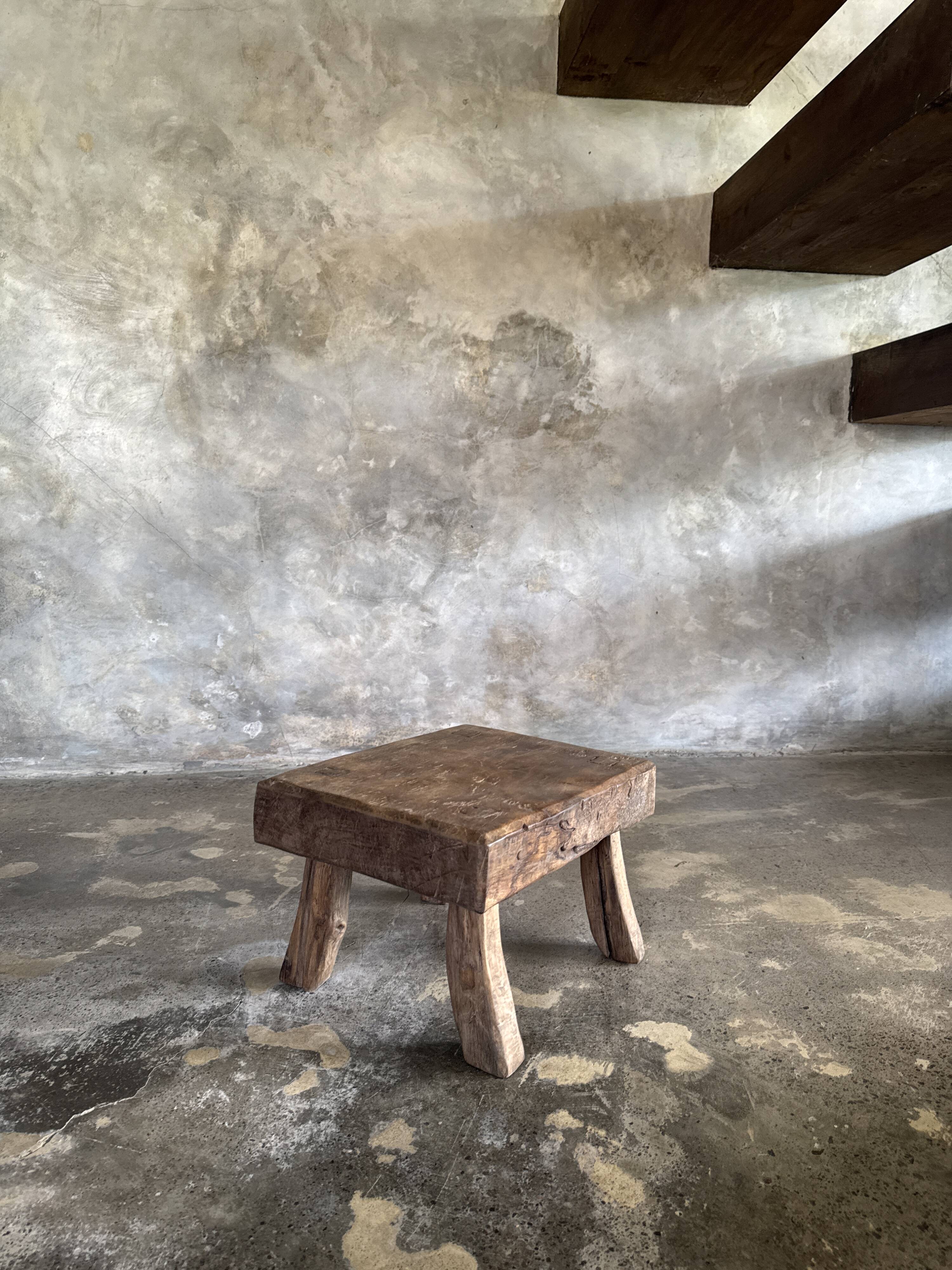 Small stool, rectangular accent stool in solid teak wabi-sabi H26