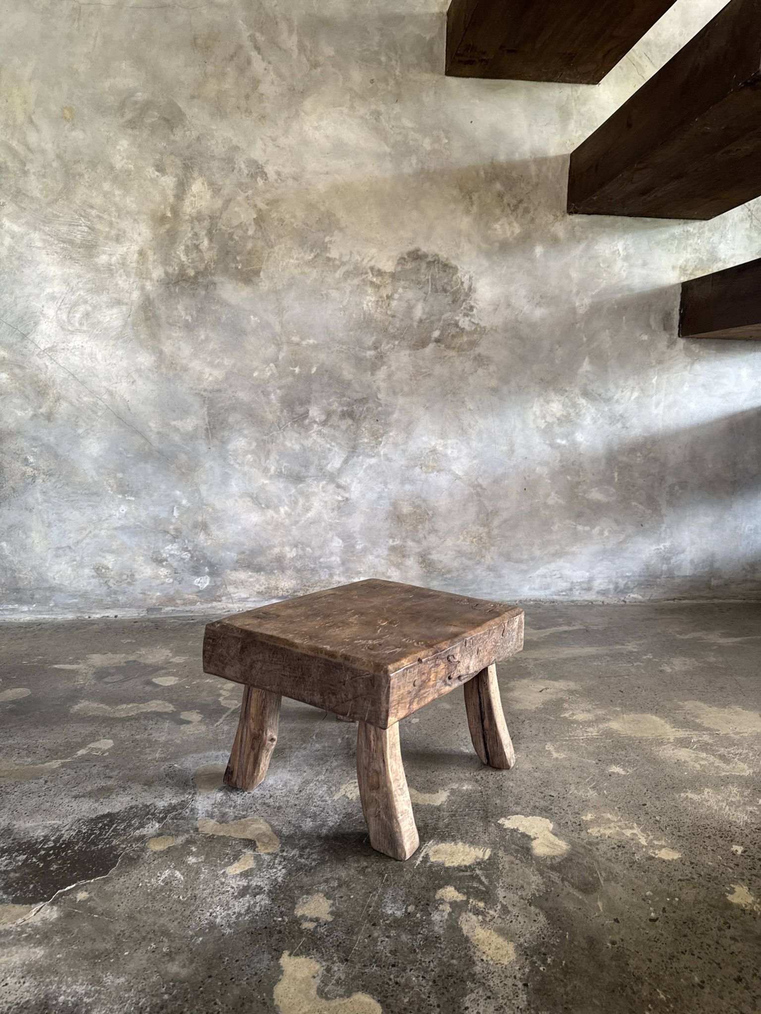 Small stool, rectangular accent stool in solid teak wabi-sabi H26