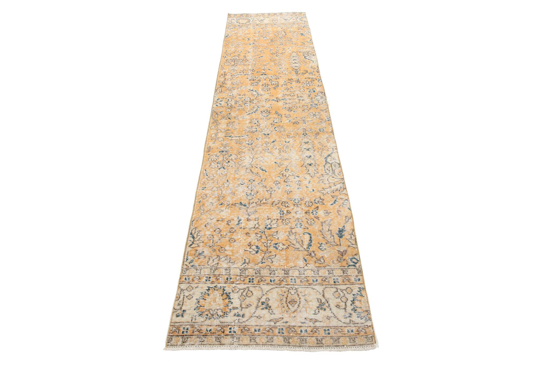 2x10 Orange & Navy Blue Floral Vintage Runner Rug, 73x297Cm