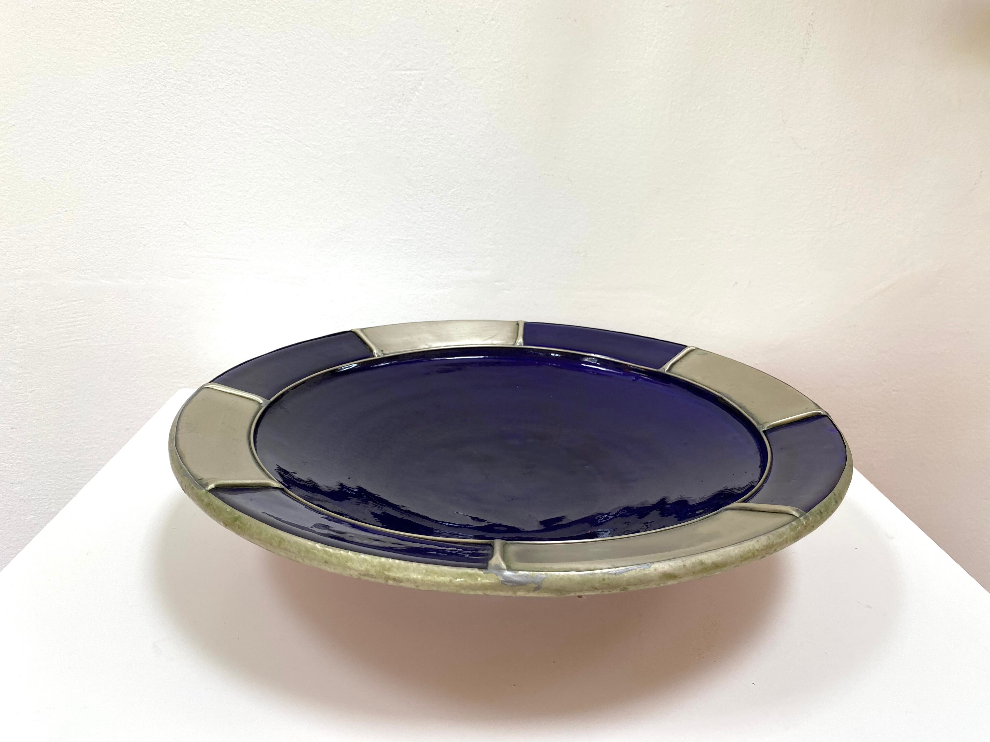 Large hollow plate in blue ceramic from Morocco