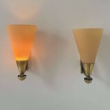 Pair of vintage wall lights, amber glass and patinated brass, France 1960