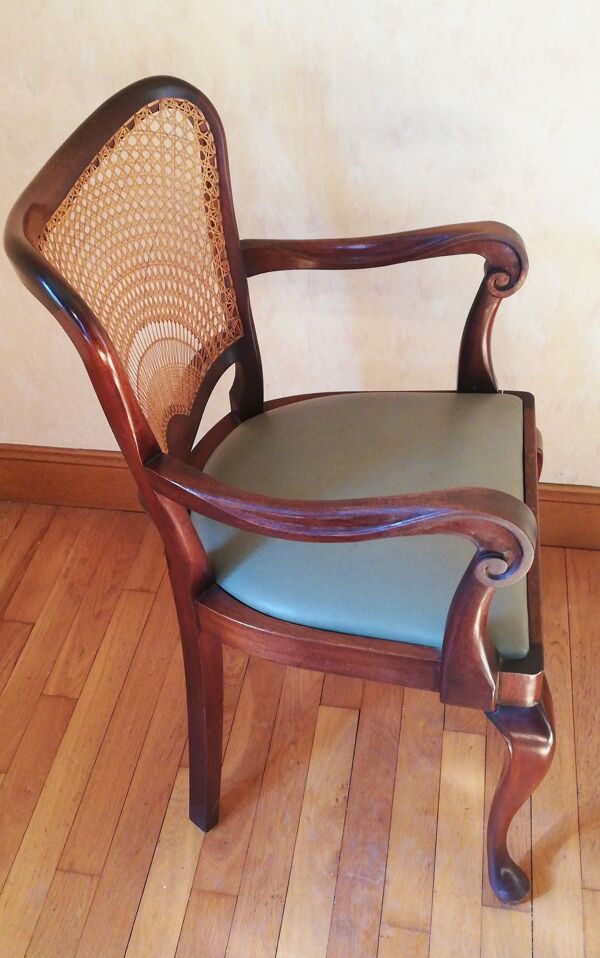 fauteuil en acajou, cuir et cannage