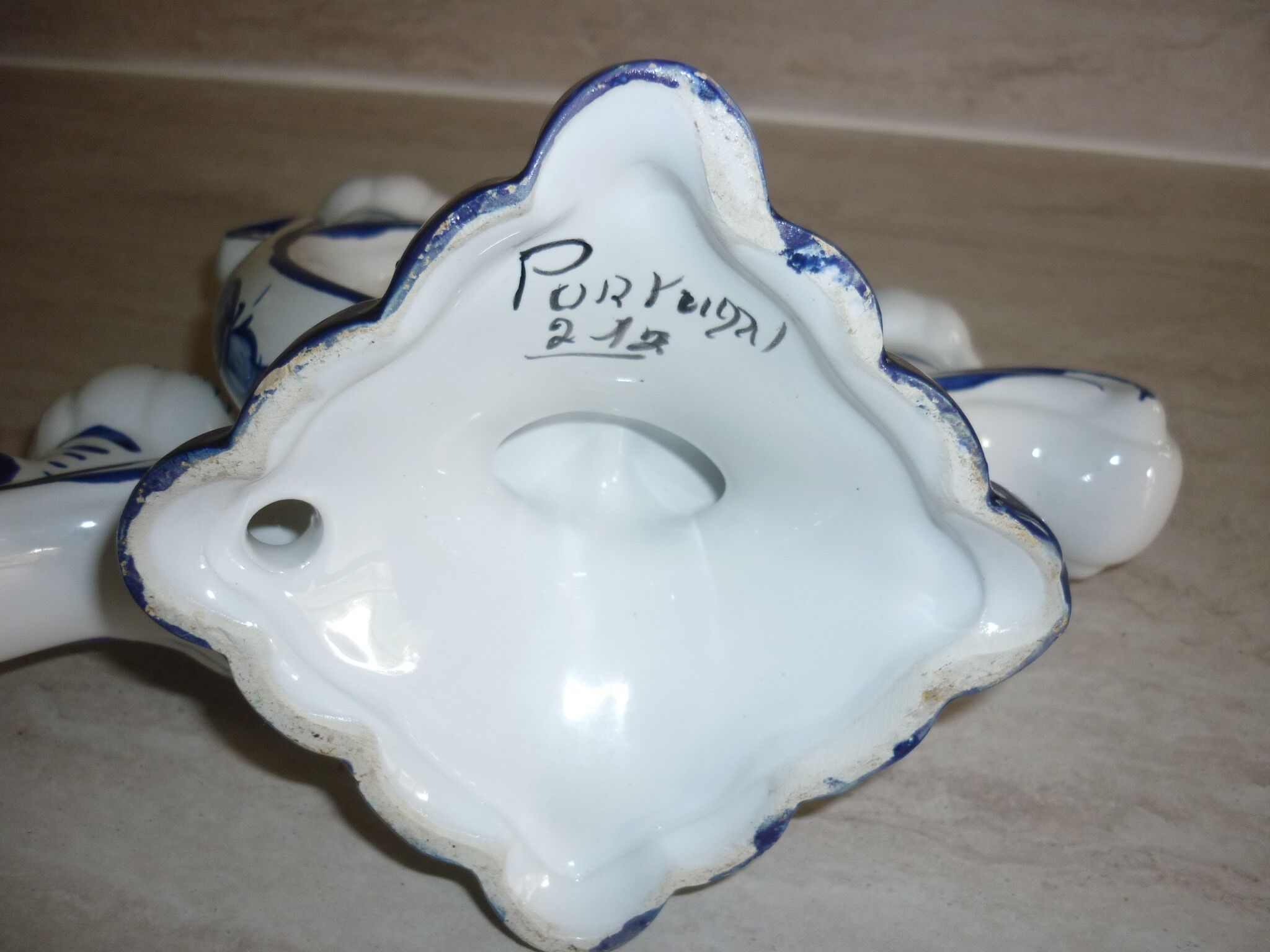 Pair of 2-pointed ceramic candlesticks from Portugal