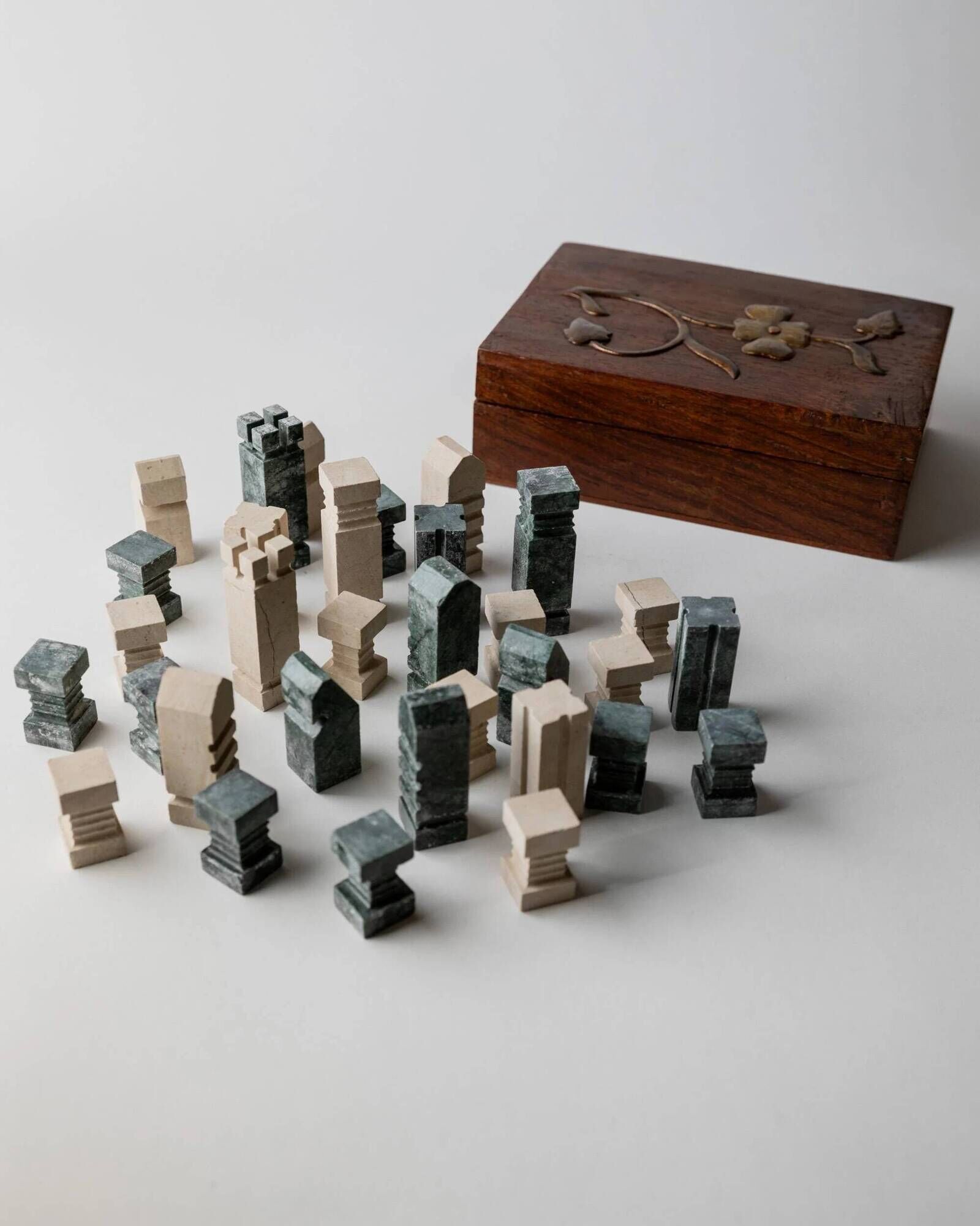 Vintage marble chess set from the 1970s, green and beige stone board, heavy design, geometric pieces, sculptural tabletop game, gift idea.