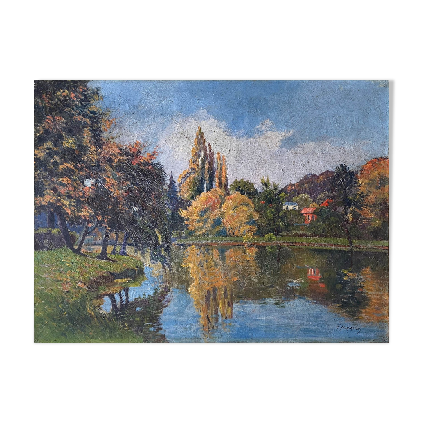 Table HST "Red house by the river" signed C. Normand early XX°