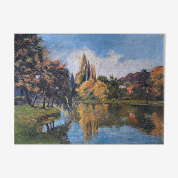 Tableau HST "Maison rouge en bord de rivière" signé C. Normand début XX°