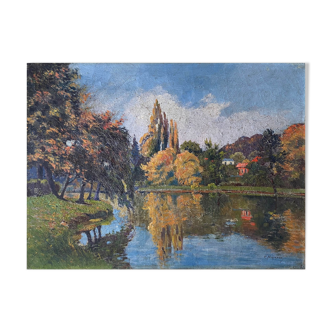 Table HST "Red house by the river" signed C. Normand early XX°