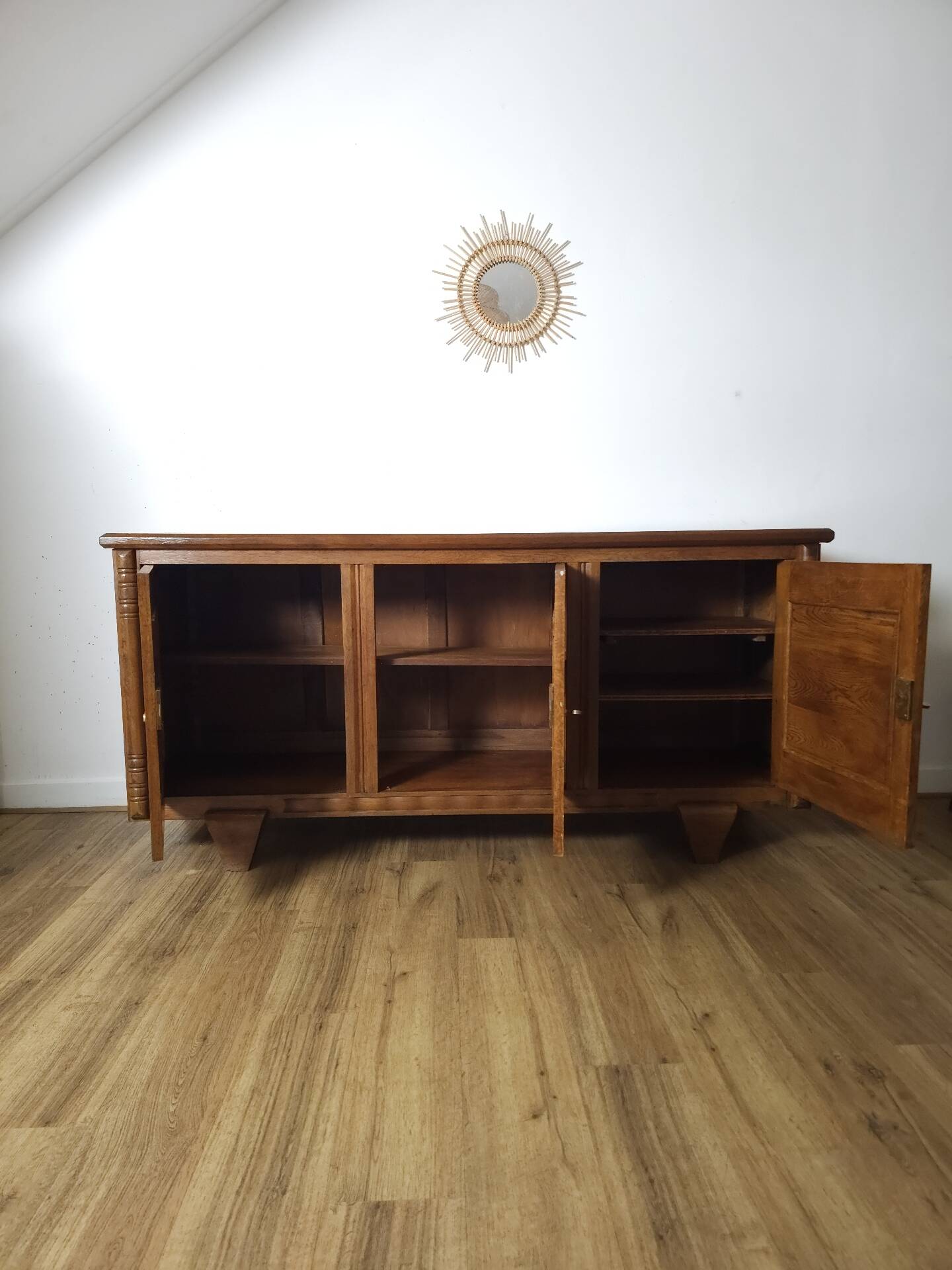 Solid oak sideboard, brutalist and Art Deco work, mid-century.