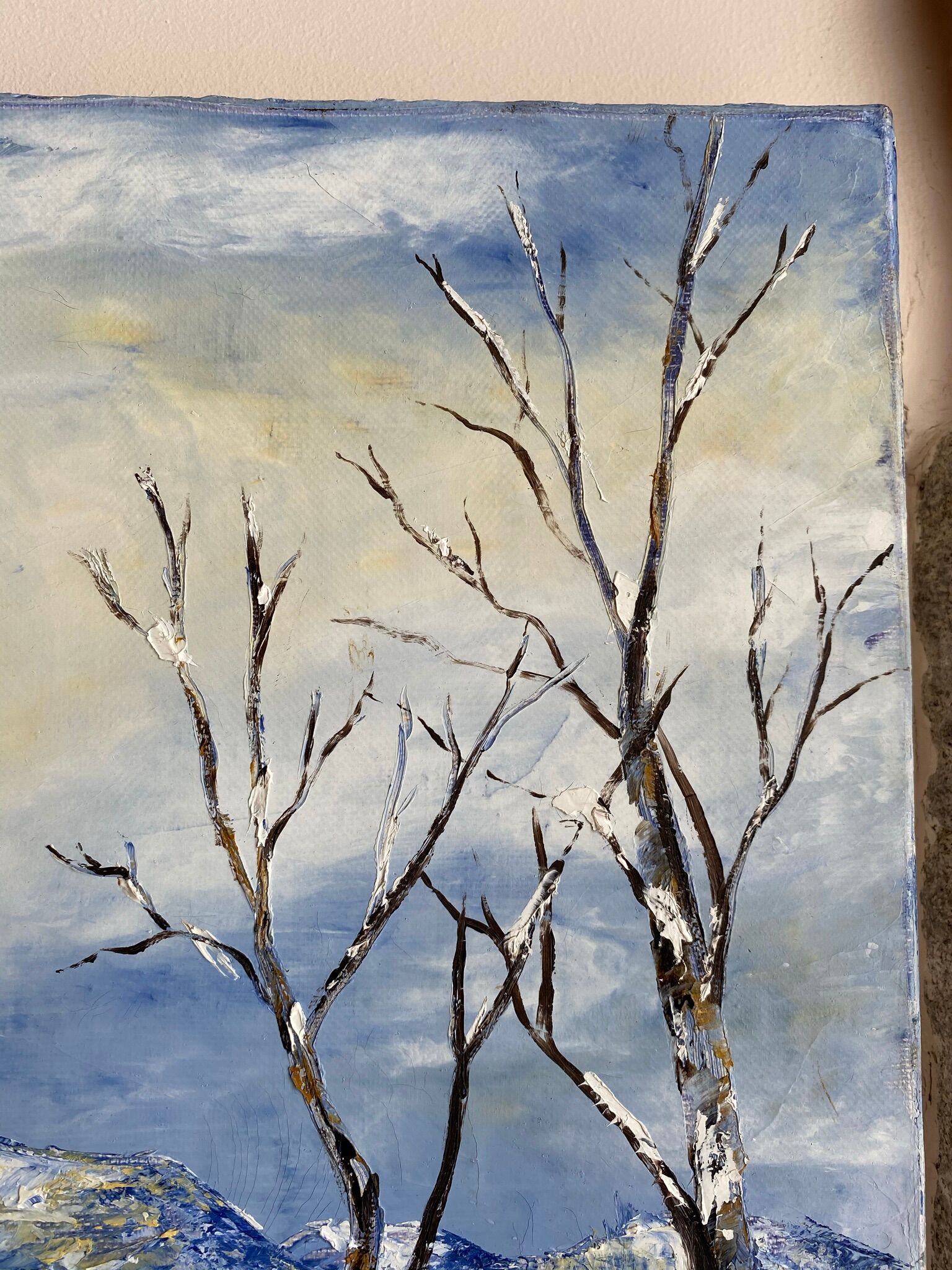 Ancient painting, winter landscape in Auvergne, signed, 20th century