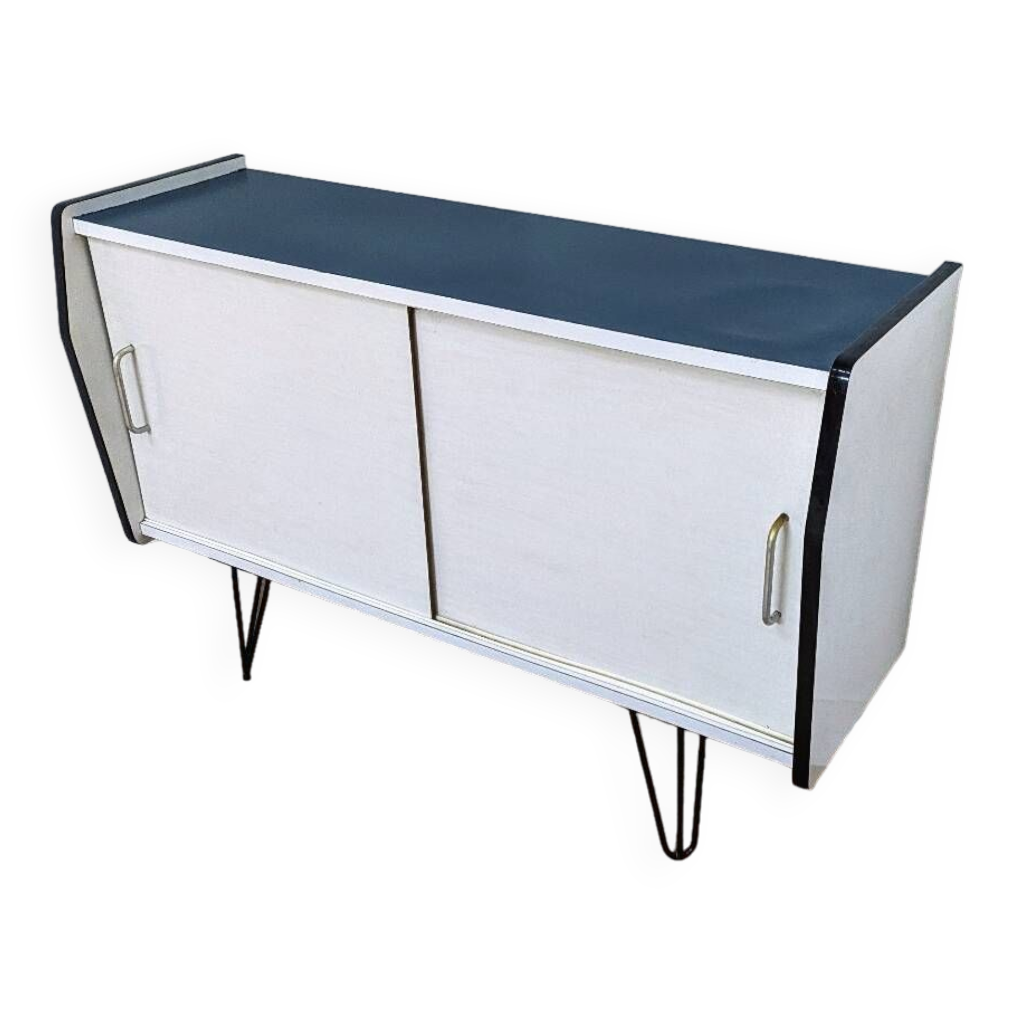 Vintage sideboard in white and blue formica / hi-fi TV cabinet