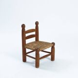 Low fireplace chairs, French, wood and straw set of 2
