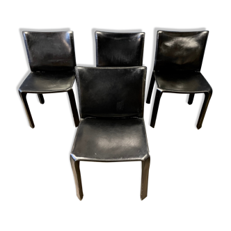 4 black leather chairs 412 cab by Mario Bellini signed Cassina
