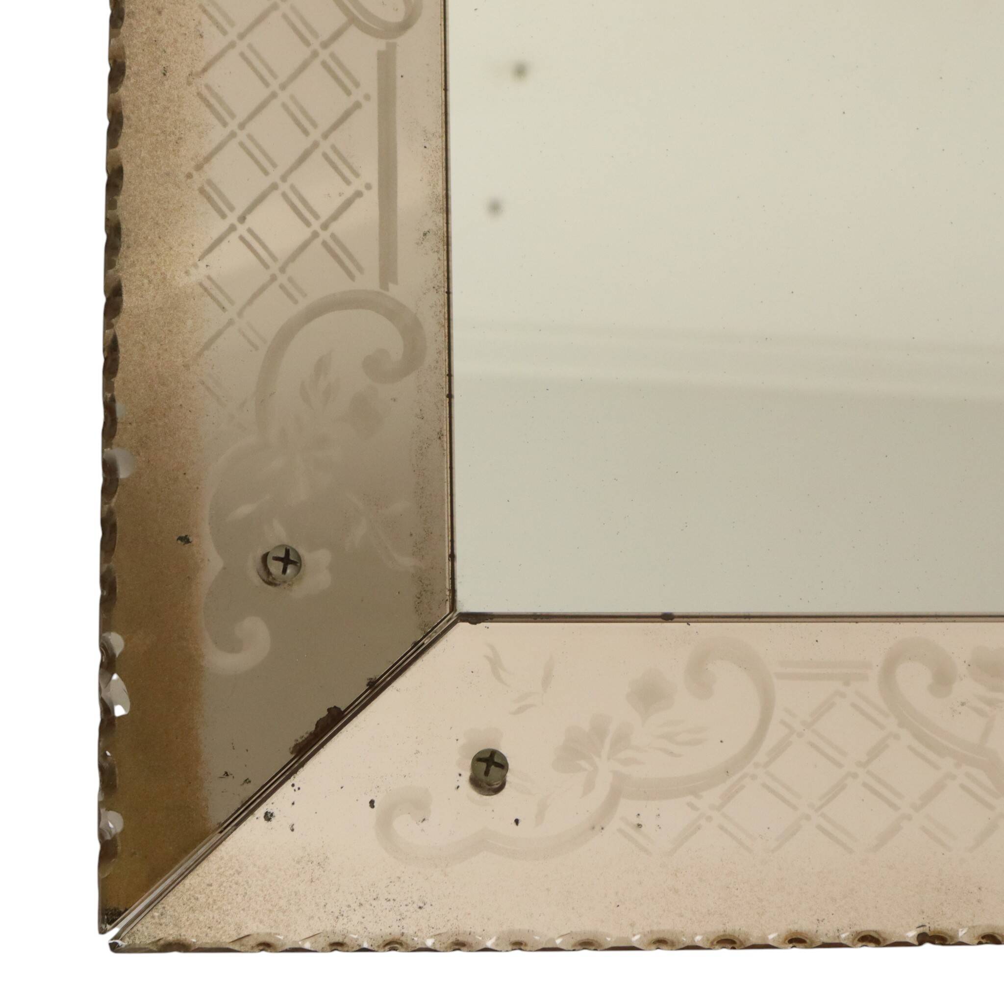 Large Venetian mirror, pink glass with engraved flowers, 77 cm