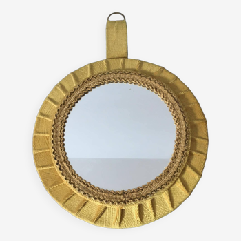 Miroir rond ancien dans cadre velours et passementerie de couleur doré