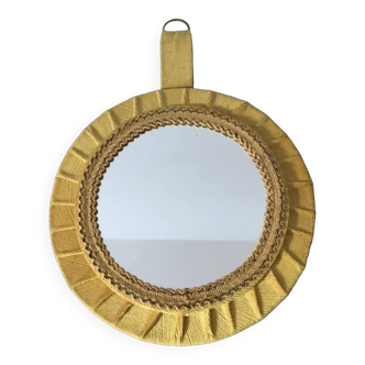 Miroir rond ancien dans cadre velours et passementerie de couleur doré
