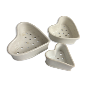 Three cheese molds faisselles coeur neufchatel vintage white earthenware