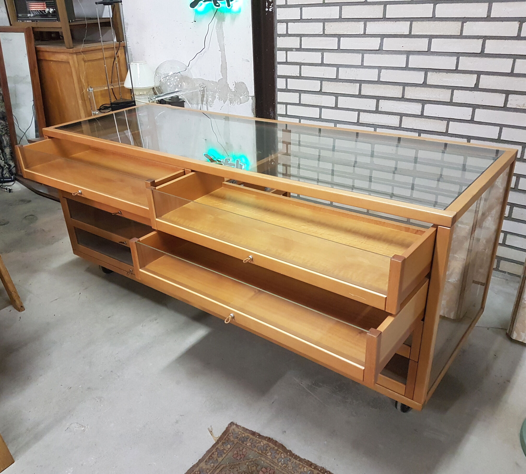 Vintage beech and glass display counter 1970