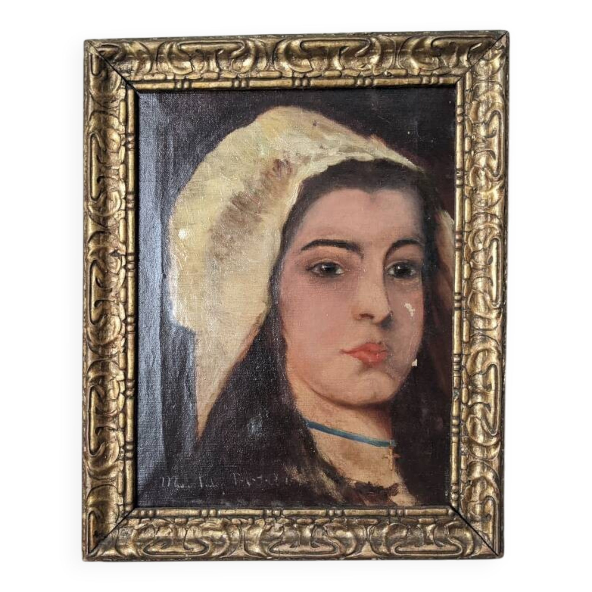 Oil on canvas antique female portrait countryside decoration old painting