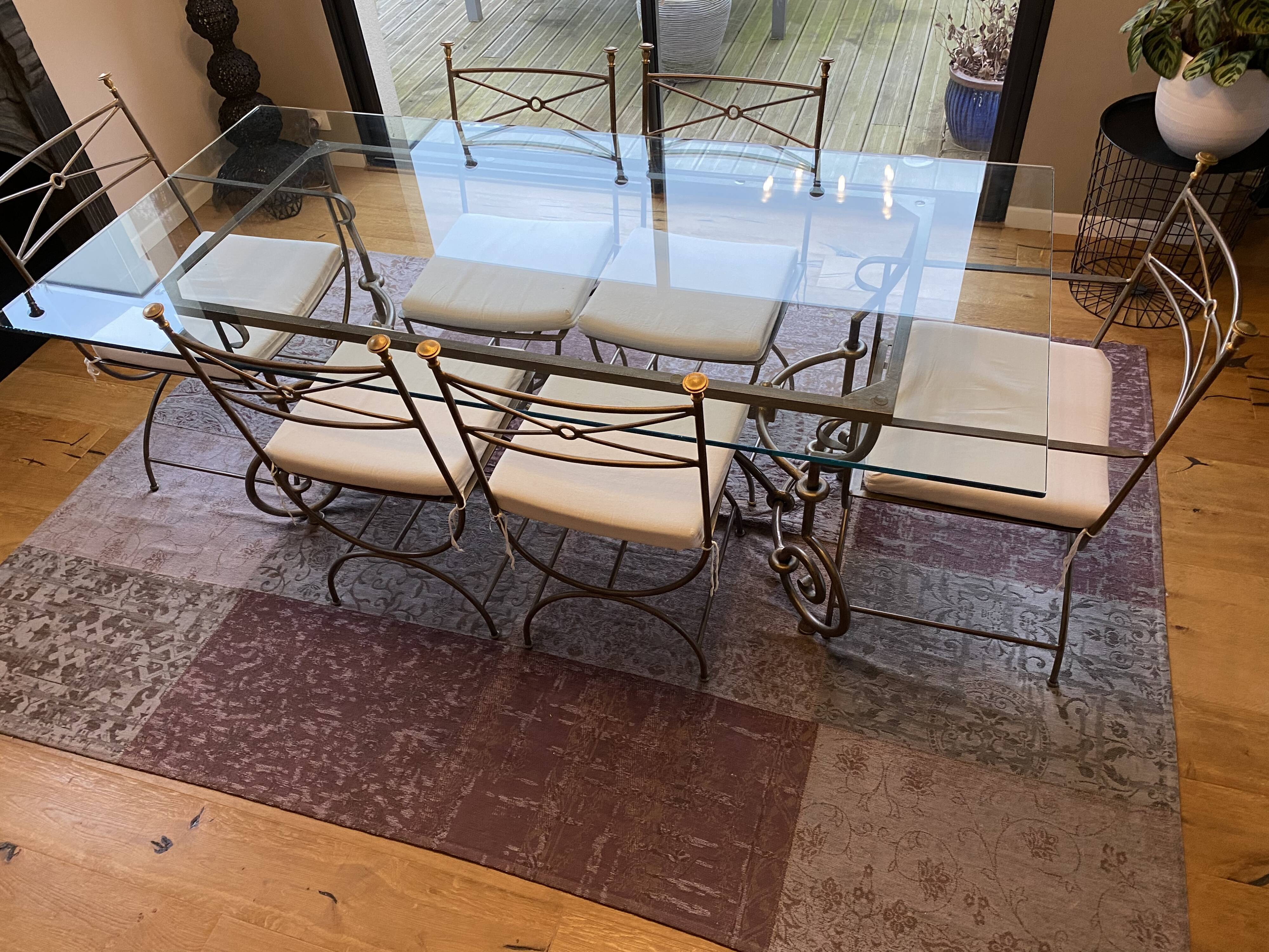 Rochebobois table in glass and wrought iron 4 chairs 2 armchairs