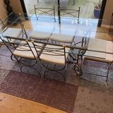 Rochebobois table in glass and wrought iron 4 chairs 2 armchairs
