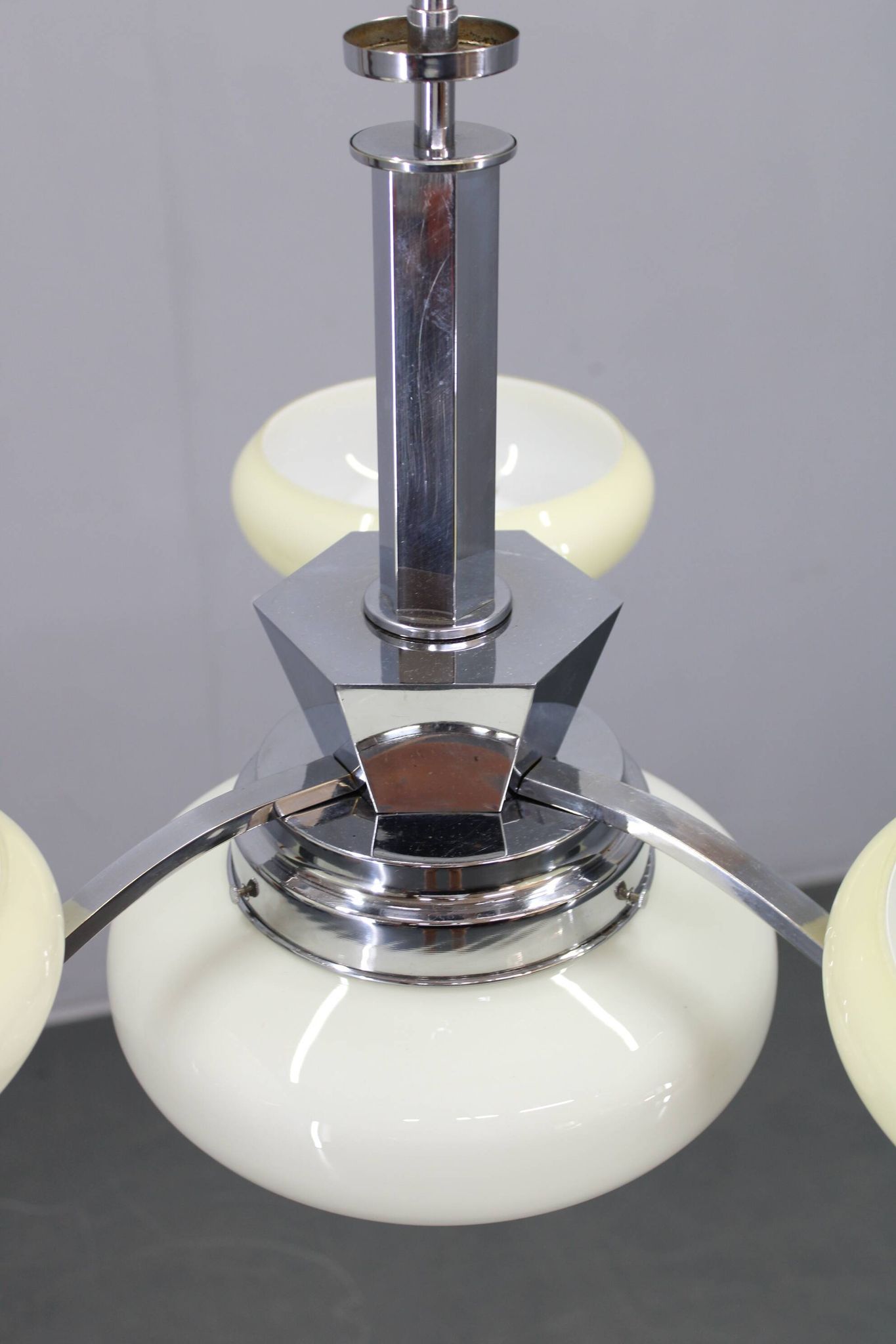 1930s Czech Art Deco chrome chandelier with cream opaline glass shades