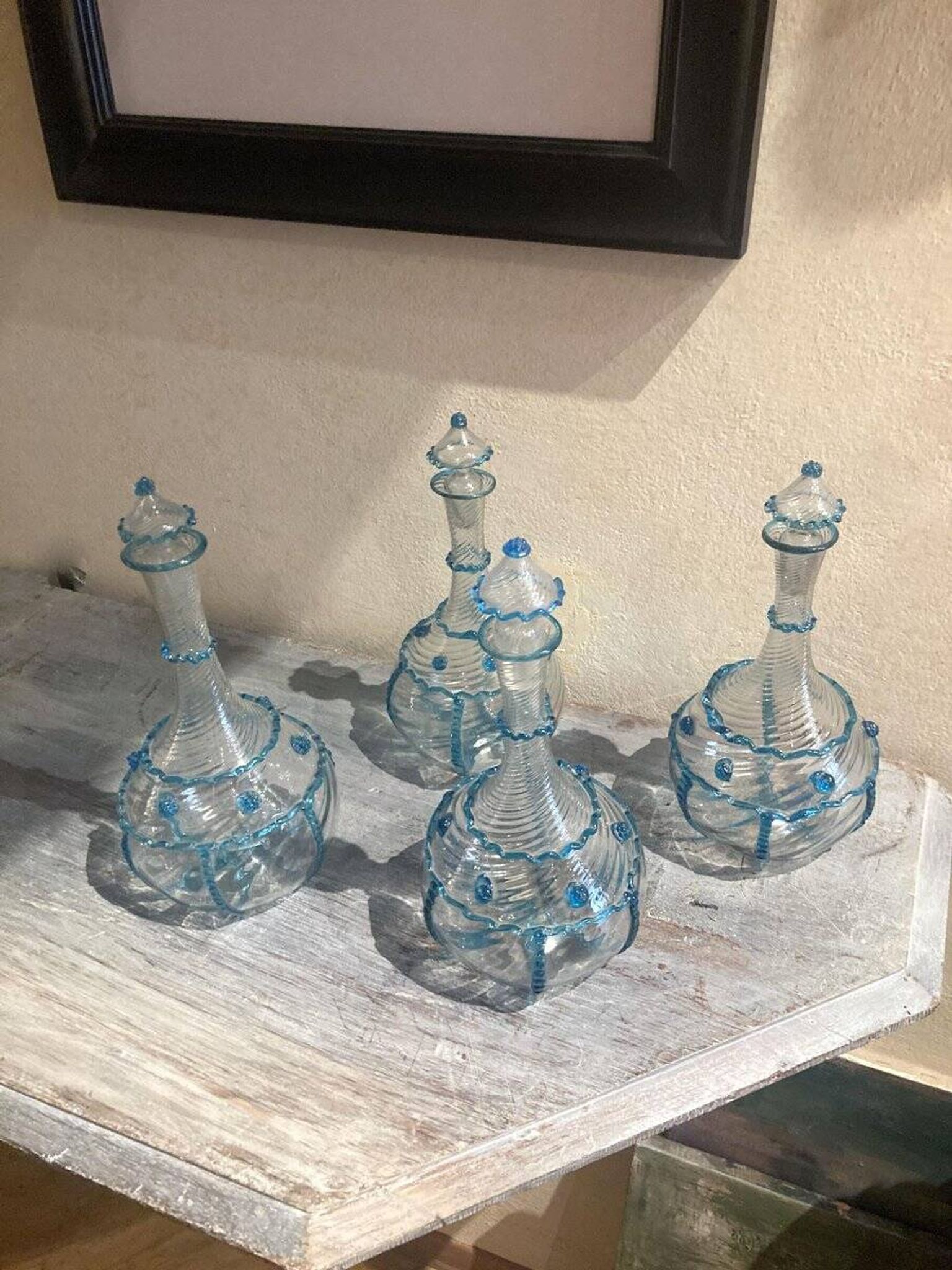 18th Century Italian Murano Clear Glass and Blue Trimmed Blown Glass Bottle