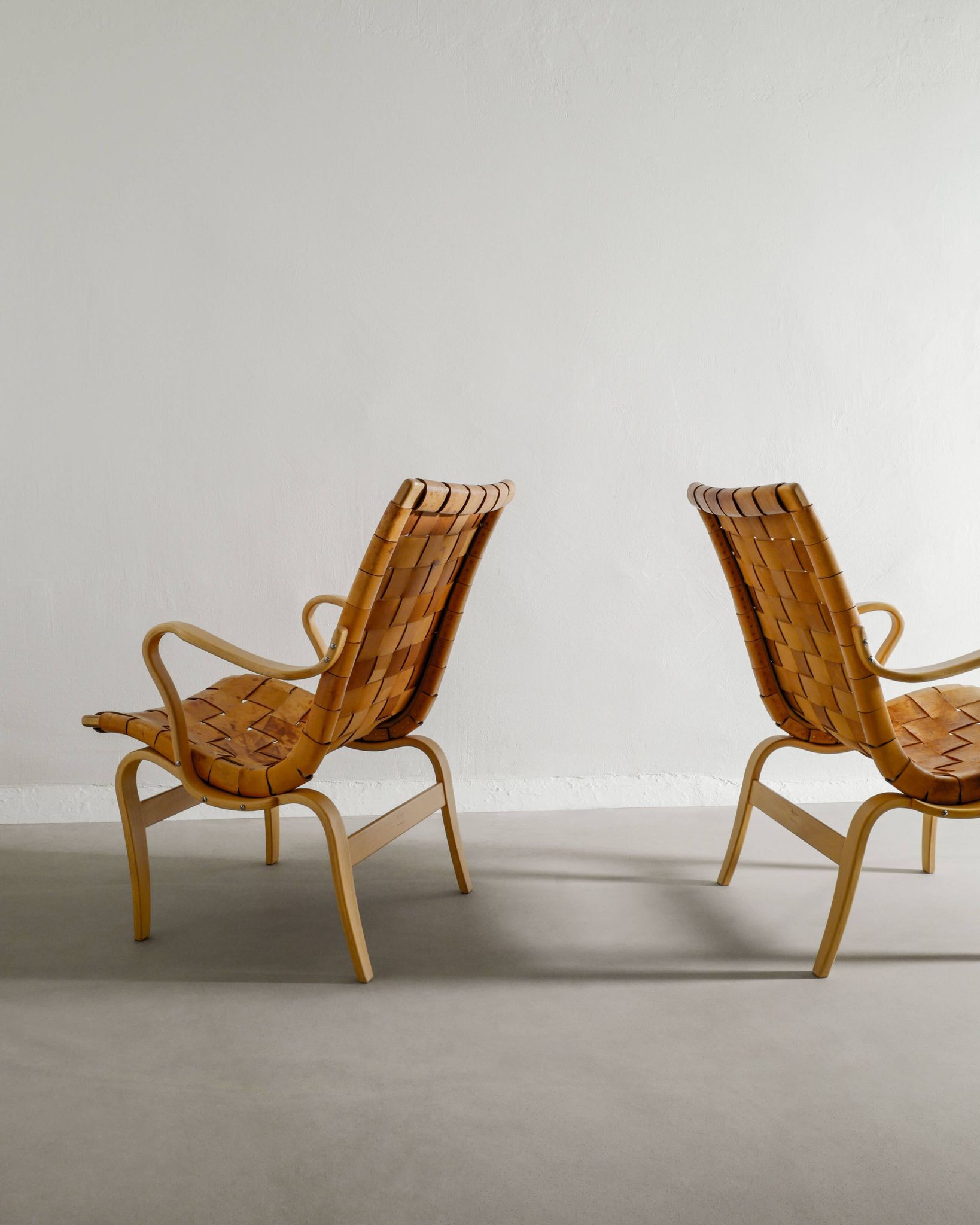 Swedish Mid Century Wooden Leather "Eva" Armchairs Bruno Mathsson, 1970s
