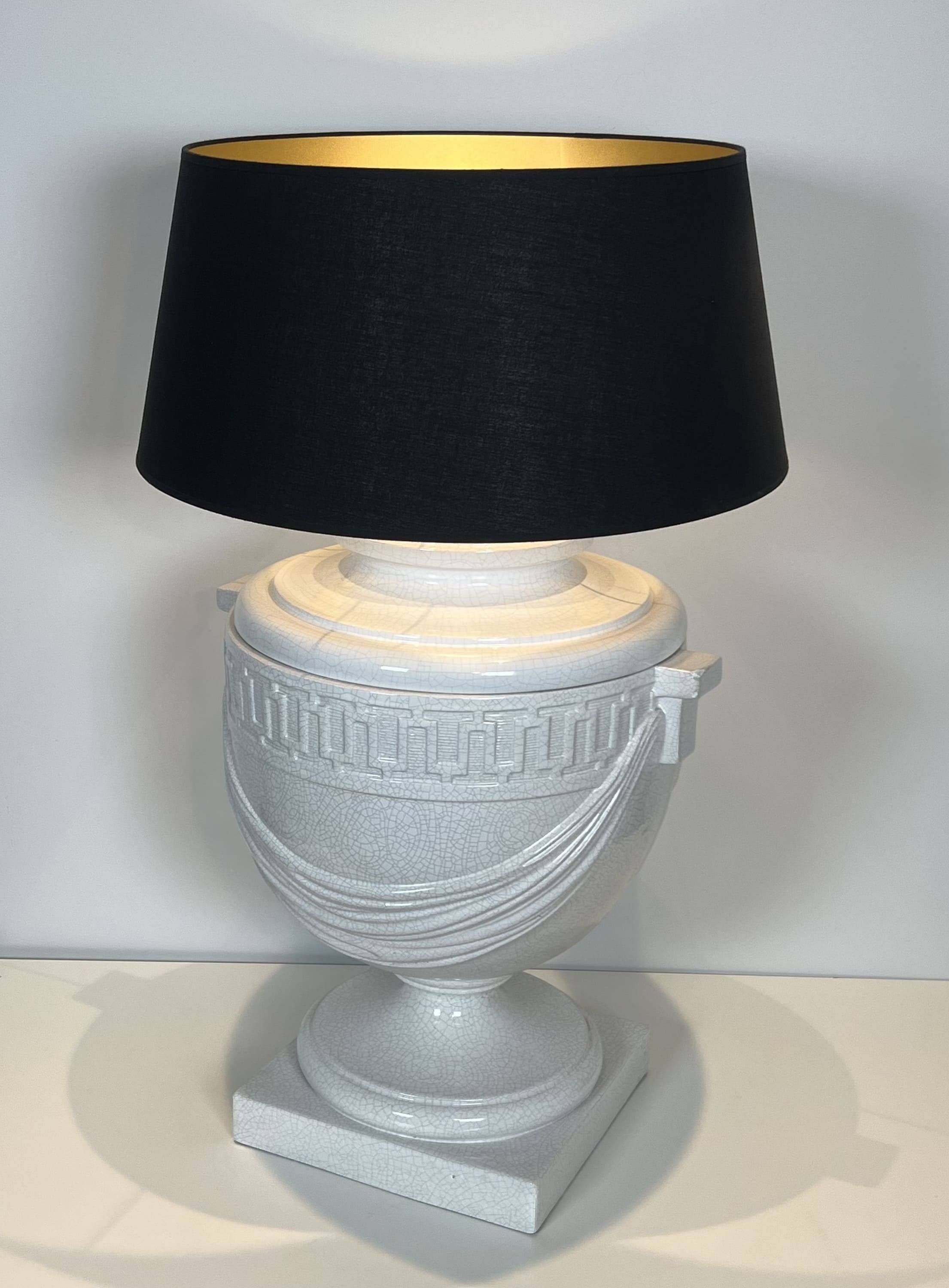 Large White Crackled Ceramic Urn Lamp with Drapery and Greek Frieze.
