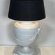 Large White Crackled Ceramic Urn Lamp with Drapery and Greek Frieze.