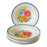 Lot de 8 assiettes creuses à fleurs HBCM modèle "Rustique", 1940