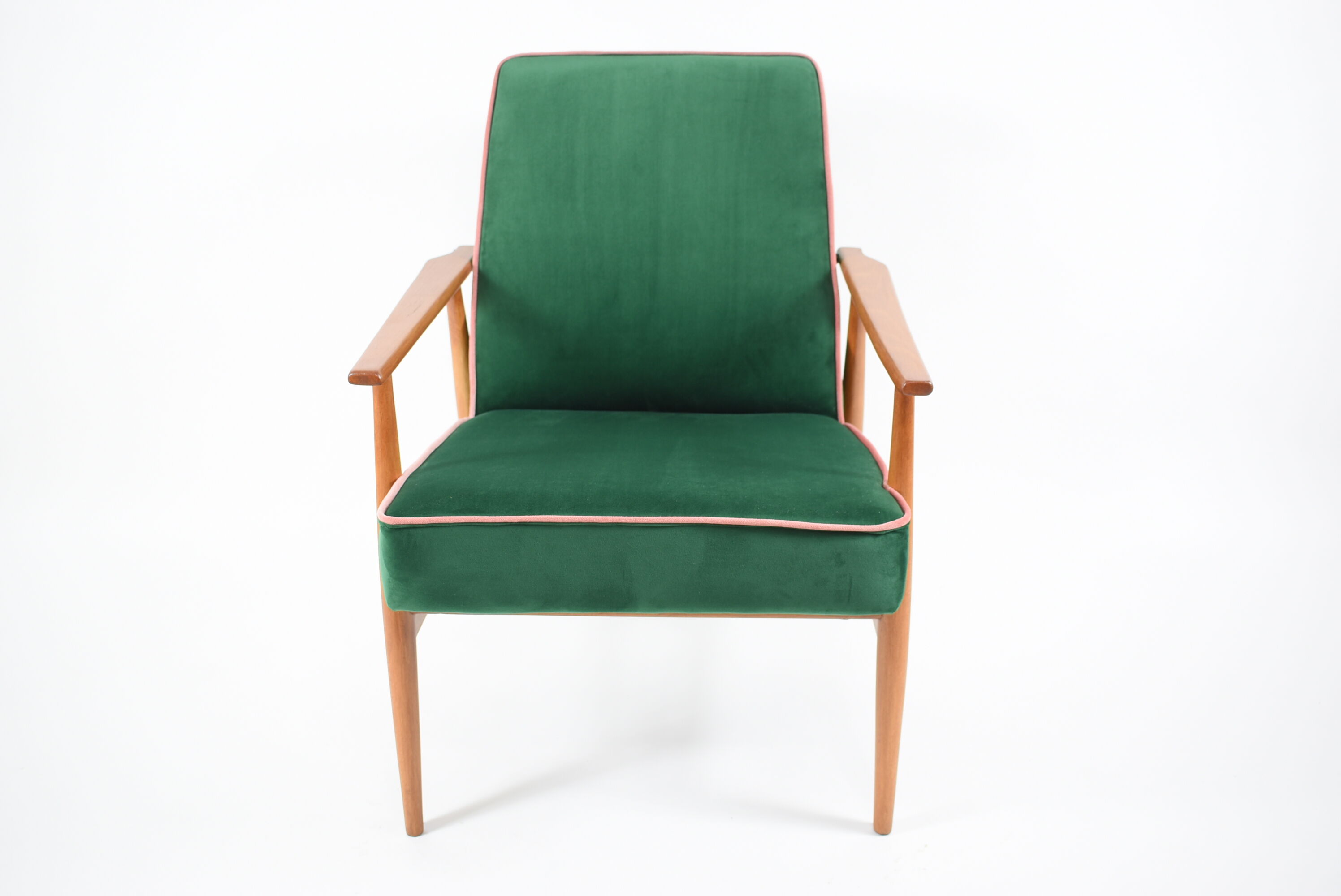 Vintage armchair, fully renovated, 1970s, green bottle velvet, pink edge
