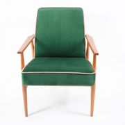 Vintage armchair, fully renovated, 1970s, green bottle velvet, pink edge