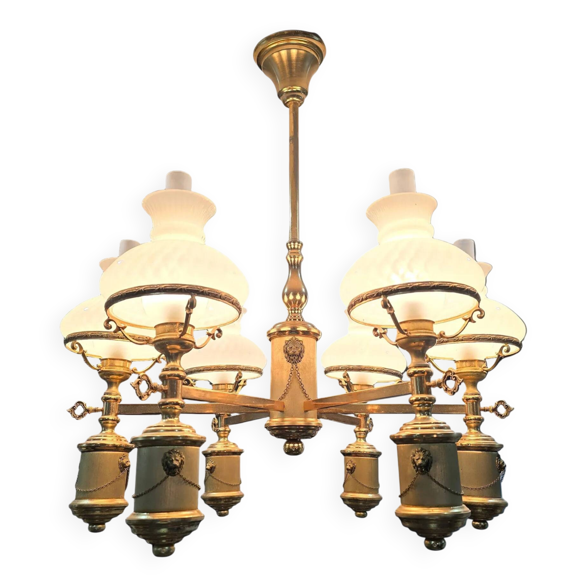 Large antique Empire-style chandelier — gilded brass & opaline glass