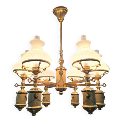 Grand lustre ancien style Empire — laiton doré & verres opalins