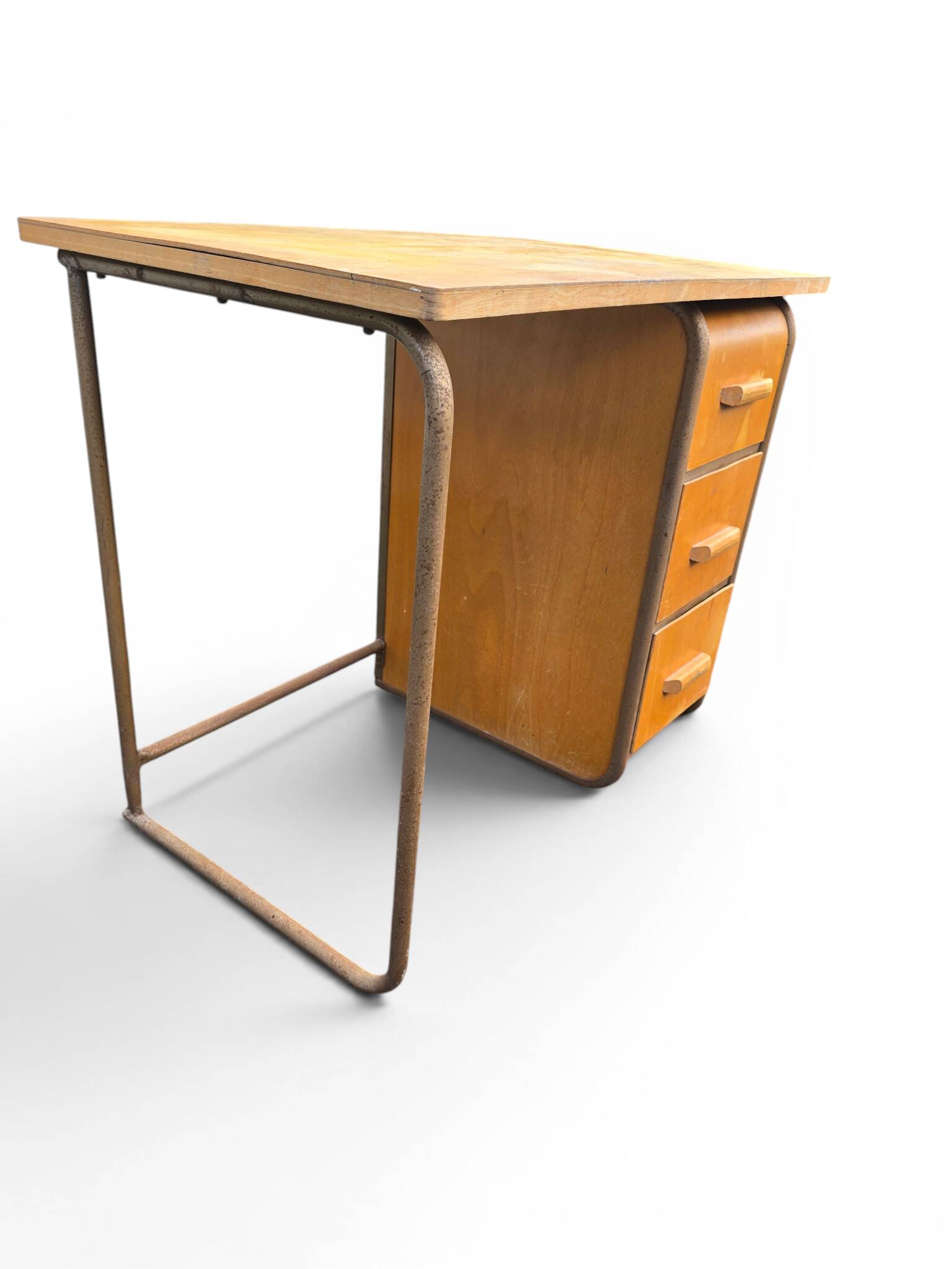 Vintage 1950s desk made of wood and metal with a 3-drawer unit.