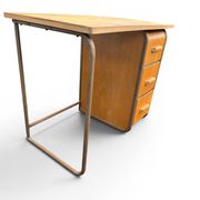Vintage 1950s desk made of wood and metal with a 3-drawer unit.