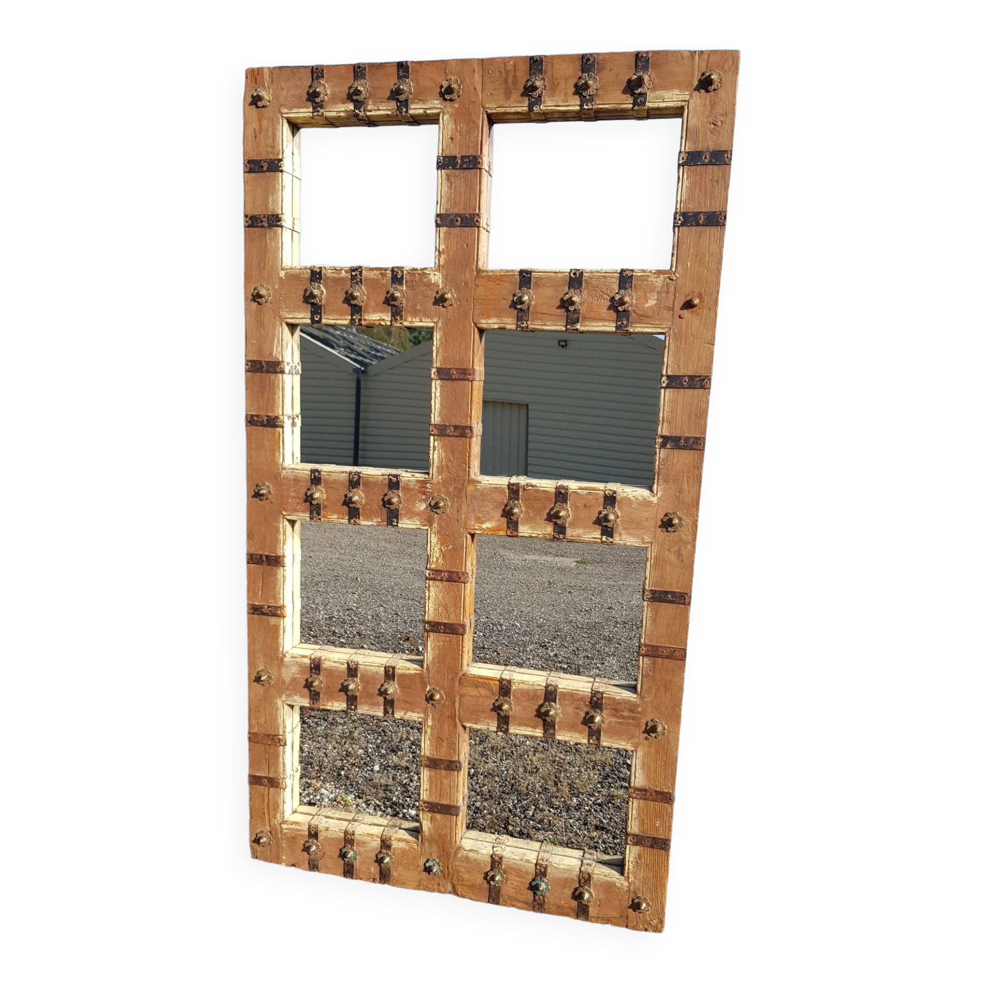Old Burmese teak mirror with copper fittings