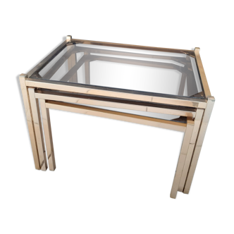 Tables gigogne mètal dorè et verres fumés