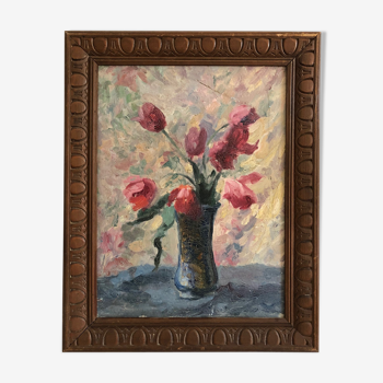 Huile sur panneau vintage dans un cadre sculpté en bois,"bouquet de tulipes", XXème