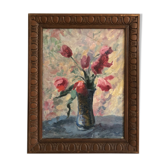 Oil on vintage panel in a carved wooden frame, "bouquet of tulips", XXth