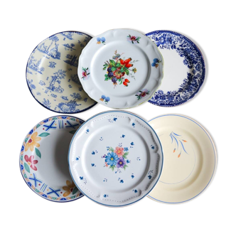 6 assiettes plates dépareillées vintages