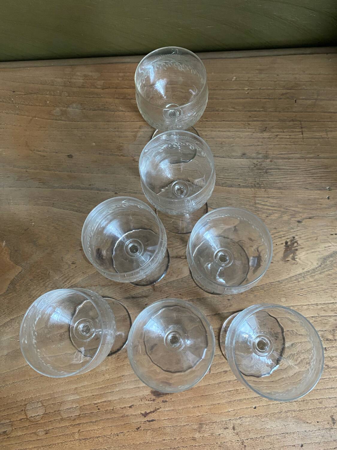 Set of 7 old etched glass stemware