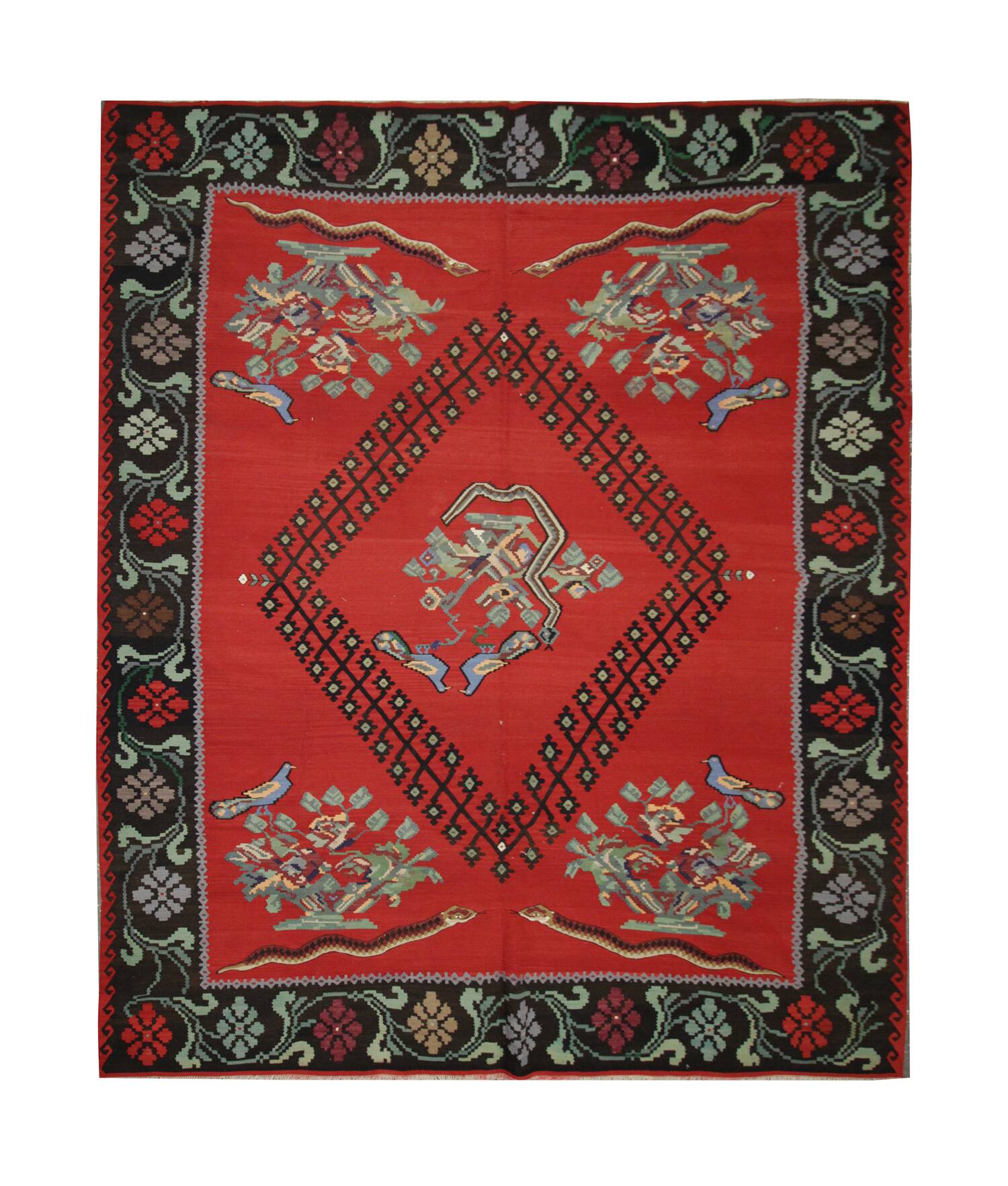 Vintage Red Caucasian Kilim Rug Handwoven Tribal Wool Flatweave Carpet