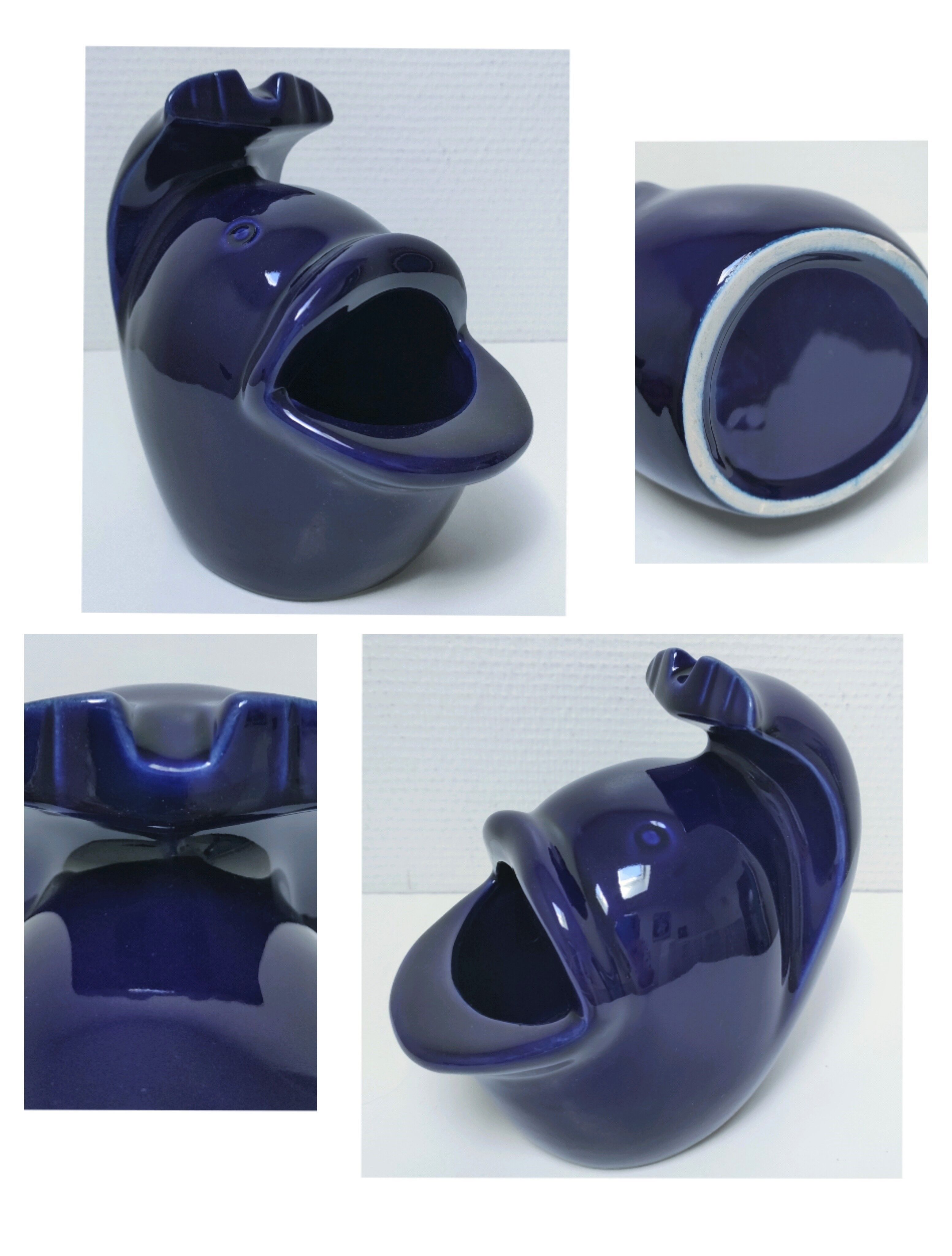 Grand cendrier poisson céramique bleue design vintage