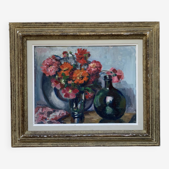 Bouquet and demijohn panel oil henriette roth